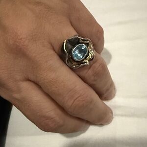 The Mermaid Treasure Silver and 14k Gold Ring with Blue Topaz Gemstone size 7